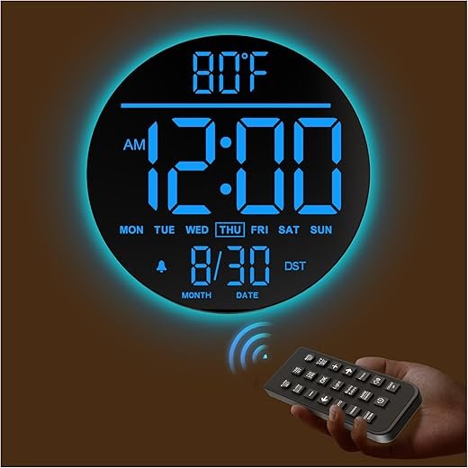 JALL 10 Large Digital Wall Clock, with Remote Control, Timmer, Dimmer, LED Display, 8 RGB Color, Auto DST, Temperature, Deco for Bedroom, Living Room, Office, Classroom, Birthday Gift,Xmas Gift, Blue
