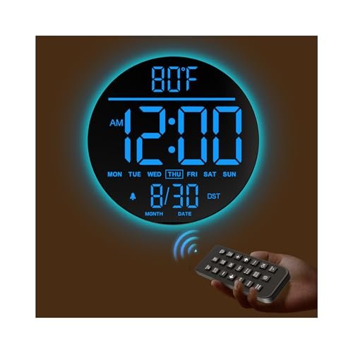 JALL 10" Large Digital Wall Clock, with Remote Control, Timmer, Dimmer, LED Display, 8 RGB Color, Auto DST, Temperature, Deco for Bedroom, Living Room, Office, Classroom, Birthday Gift,Xmas Gift, Blue