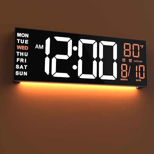 JALL 16 Large Digital Wall Mount Clock, Count Down Timer with Remote, Alarm, Big LED, RGB Color, DST, Temperature for Living Room Classroom Desk, Xmas, Birthday Gift for Senior Mom Dad, White Orange
