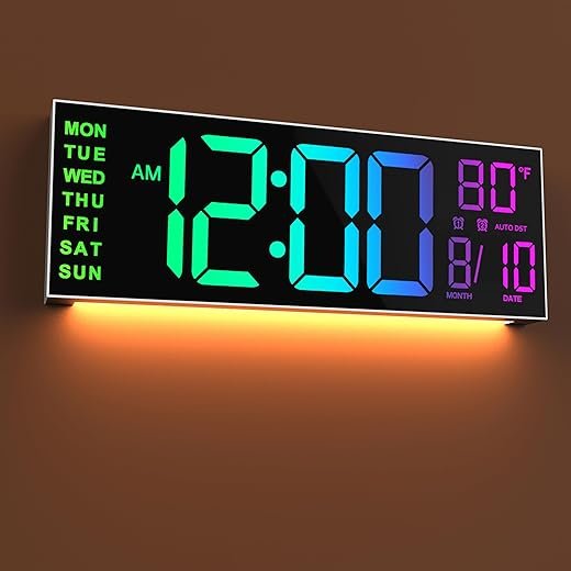 JALL 16" Large Digital Wall Mount Clock, Count Down Timer with Remote, Alarm, Big LED, 8 RGB Color, DST, Temperature for Living Room Classroom Desk, Xmas, Birthday Gift for Senior Men Women Mom Dad