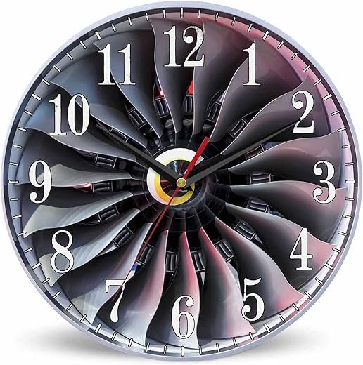 Jet Engine Wall Clock Turbine Blade Fan Gear 10 Inch Silent Non Ticking Battery Operated Clock Vintage Round Clock for Living Room Bedroom Bathroom Office Decor