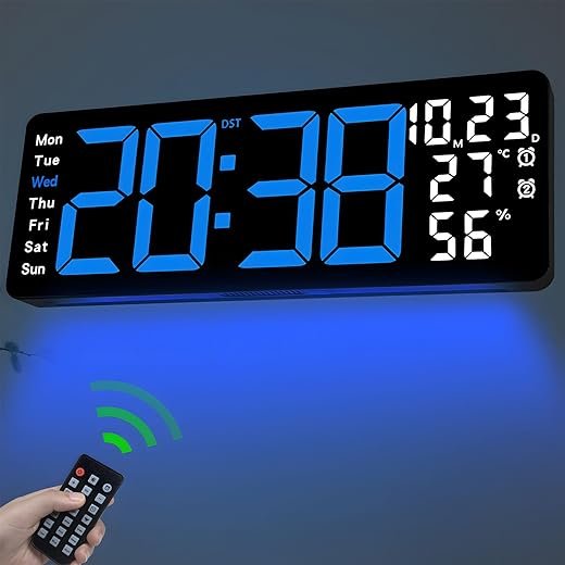 JoFomp 17.3 Large Digital Wall Clock, LED Digital Clock Large Display with Remote Control, Alarm Clock with Temp/DST/Dimmer/Humidity/Timer/Ambient Light - 12/24H, Alarm Wall Clock for Bedroom