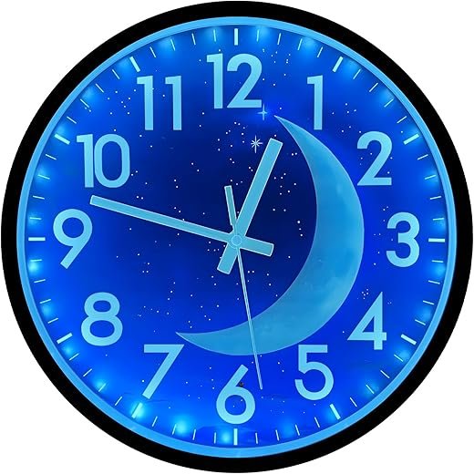 JoFomp LED Light Up Wall Clocks Glow in Dark, 12 Inch Silent Wall Clock Battery Operated, Blue Moon Night Light Wall Clocks for Living Room Decor, Sound Control Glow in The Dark Wall Clock for Bedroom