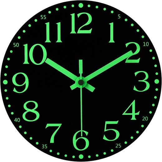 JoFomp Wooden Glow in The Dark Clock, 8 inch Silent Non-Ticking Battery Operated Clock, Energy-Absorbing Luminous Numerals and Hands, Lighted Wall Clock Decoration for Bedroom Living Room