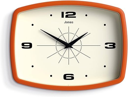 JONES CLOCKS® Movie Wall Clock | Retro Rectangular Clock | 10 inch | Orange | Cool Designer Look for Kitchen, Living Room or Office
