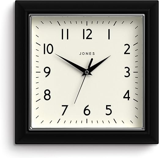 JONES CLOCKS The Mustard Wall Clock - Analog Retro Kitchen Clock - Easy to Read Dial - Square 10in British Design (Black)