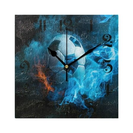 joogoo Soccer Ball with Fire Wall Clock Square Silent Non-Ticking Battery Operated 7.78