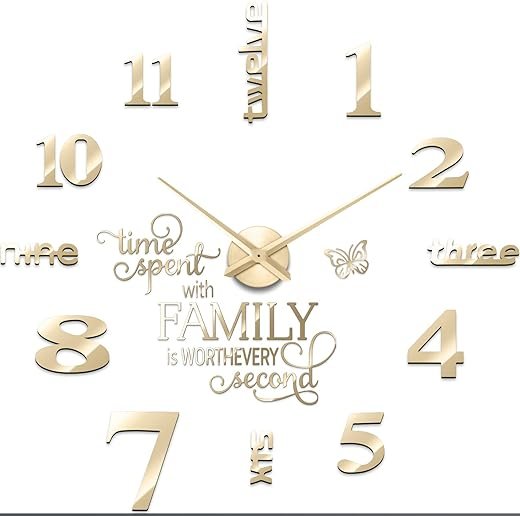 Junkin 3D Large Frameless DIY Wall Clock Modern Decor Family Quote Wall Stickers Clock Kit for Home Living Room Bedroom Office Decorations Adjustable Size(Gold)