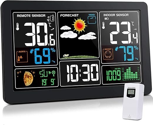 Kalawen Home Weather Stations Wireless Indoor Outdoor Thermometer, Portable Digital Weather Clock Atomic, Bluetooth Color Forecast Station Estacion Meteorologica Weather Monitor with Alarm