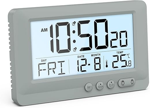 KeeKit Digital Alarm Clock with Dual Alarms - Portable Travel Clock with Snooze, Temperature Display & Backlight, 12/24H Format, Battery Powered, for Bedroom, Office, and Nightstand (Grey)