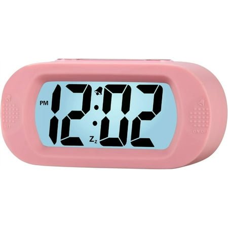 Kids Alarm Clock Large Digital LCD Travel Alarm Clocks with Snooze and Night Light - Ascending Sound and Handheld Size - Best Gift for Kids (Baby Pink)
