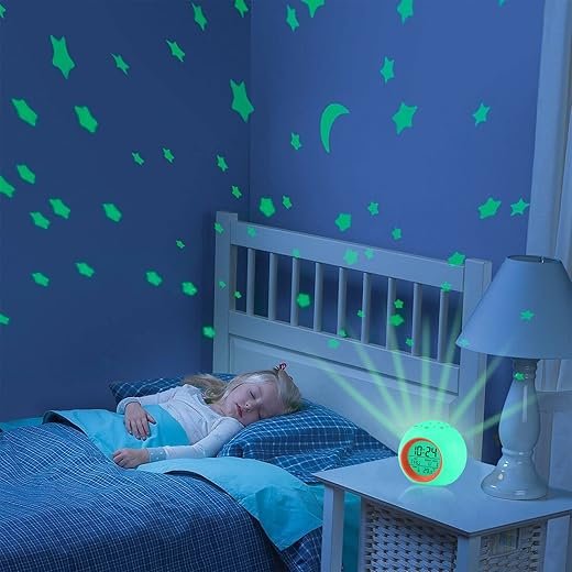Kids Alarm Clock,Moon Stars Projector 7 Color Night Light, Children Sleep Trainer Alarm Clock, Kids Wake up Light Alarm Clock Aid Digital Alarm Clock for Kids Bedroom Girl Boys Thanksgiving Xmas Gifts