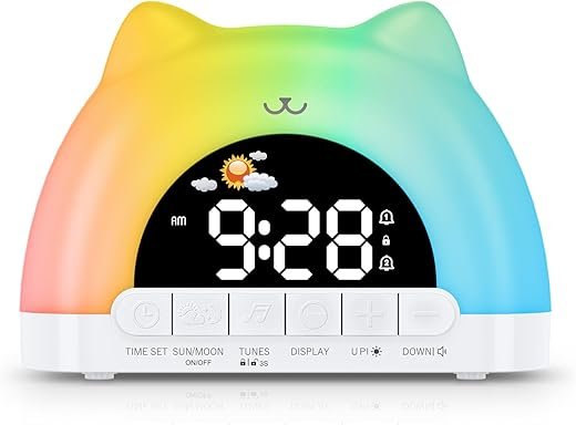 Kids Alarm Clock, Wake Up Clock with 11 Colors Night Light, Toddlers Sleep Training Clocks with 10 Ringtones, Brightness Adjustment, Dual Alarms Plug in OK to Wake Clocks for Girls Boys