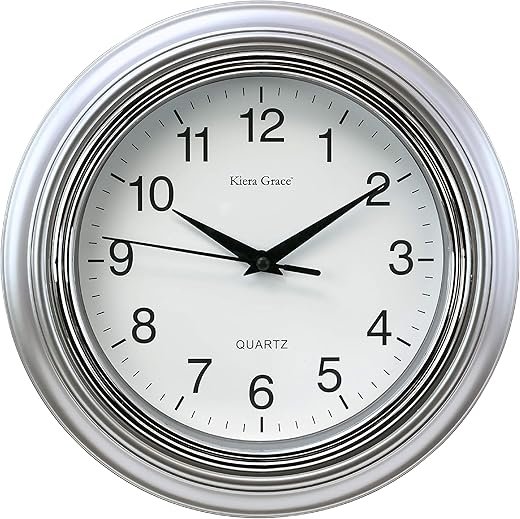 Kiera Grace Wall Clock, 10 Inch, Aster Silver Modern Classic Wall Clocks Battery Operated, Silent Non Ticking Home Decor for Living Room, Kitchen, Bathroom