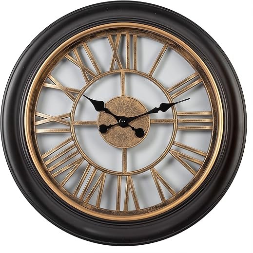 Kiera Grace Wall Clock, 18 Inch, Wendel Black & Antiqued Gold Wall Clocks Battery Operated, Rustic Vintage Roman Numeral Farmhouse Decor for Living Room, Kitchen, Bathroom