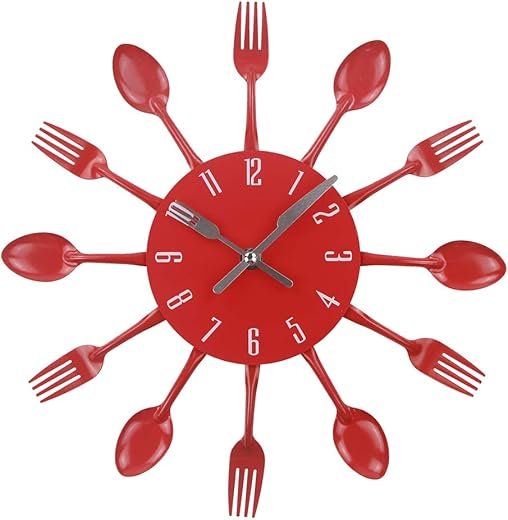 Kitchen Wall Clock, 32x32x4CM, Red, Quartz Movement, Silent, Creative Design