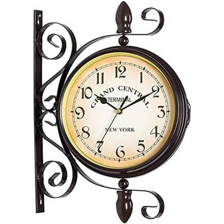 KKSLSO Retro Double-Sided Wall Clock, Outdoor Garden Clock, Wall Clock Double Sided Indoor and Outdoor Garden Train Station Clock Vintage Antique Look Wall Mounted