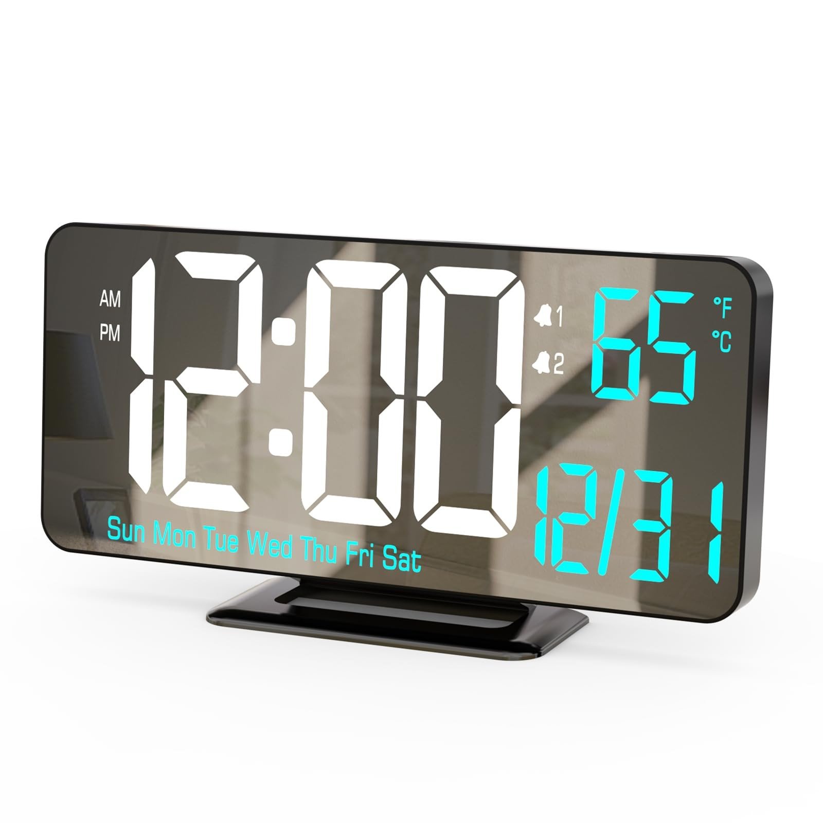 KOSUMOSU Digital Alarm Clock 6.7in Black Clock for Bedroom Dual Alarm Date Secon
