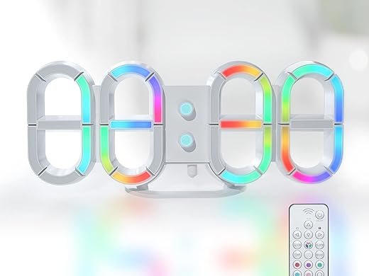 KOSUMOSU Digital Clock Neon Wall Clock for Living Room 9.7 3D LED Neon Digital Clock for Desk,Colorful RGB Clock Modern Digital Wall Clock Aesthetic Alarm Clock,Remote Control,Temperature