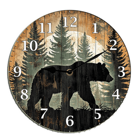 Kurmntregon Cabin Bear Wall Clock Black Bear Forest Wildlife Mountain Lodge Wooden Accurate Decorative Clocks, Silent Non Ticking For Bathroom Bedroom/Living Room/Kitchen Round 10