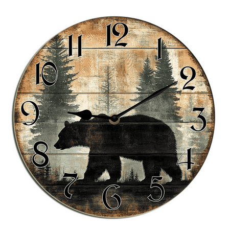 Kurmntregon Cabin Bear Wall Clock Black Bear Forest Wildlife Mountain Lodge Wooden Accurate Decorative Clocks, Silent Non Ticking For Bathroom Bedroom/Living Room/Kitchen Round 10