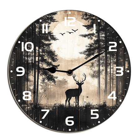 Kurmntregon Cabin Deer Wall Clock Forest Wildlife Mountain Lodge Wooden Bathroom Clock Battery Operated Non Ticking Silent Clocks Living Room Decorative Decor Round 10