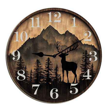 Kurmntregon Cabin Deer Wall Clock Forest Wildlife Mountain Lodge Wooden Bathroom Clock Battery Operated Non Ticking Silent Clocks Living Room Decorative Decor Round 10