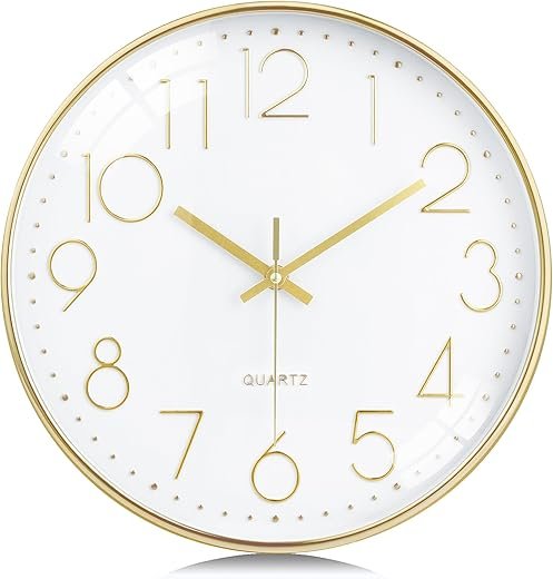 Lafocuse 12 Inch 3D Numbers Silent Gold Wall Clocks Battery Operated, Analog Wall Clock for Living Room Decor, Reloj de Pared Modern Decorative Kitchen Wall Clock for Bedroom Home Office