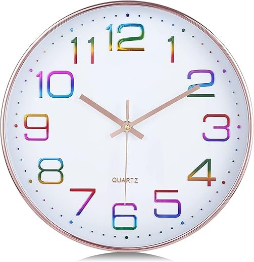 Lafocuse 12 Inch Colorful 3D Numbers Silent Rose Gold Wall Clocks Battery Operated, Analog Wall Clock for Living Room Decor, Reloj de Pared Modern Decorative Kitchen Wall Clock for Bedroom Home Office