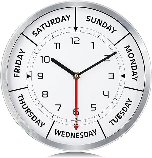Lafocuse 12 Inch Metal Silent Silver Day of The Week Clock for Living Room Decor Bedroom Office, Unique Retirement Clock for Elderly, Day Clocks for Seniors, Retirement Gifts for Men/Women-Version 3.0