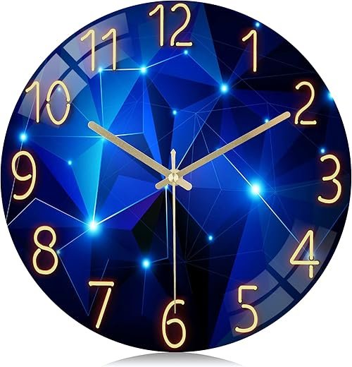Lafocuse 12 Inch Silent Blue Wall Clocks Battery Operated, Analog Glass Wall Clock for Living Room Decor, Reloj de Pared Modern Decorative Kitchen Wall Clock for Bedroom Home Office