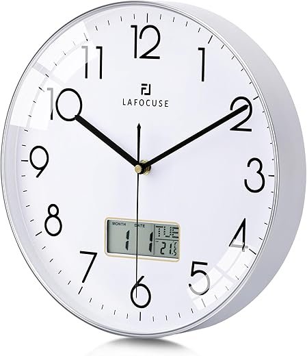 Lafocuse 12 Inch Silent Modern Silver Wall Clocks with Date and Day, Analog Battery Operated Digital Wall Clock for Living Room Decor, Decorative Kitchen Wall Clock for Bedroom Home Office