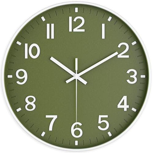 lanktoo Wall Clock, Battery Operated, Modern Minimalist Design for Living Room, Office, Kitchen, Bedroom, and Bathroom - Quiet, Stylish, and Perfect for Any Room – Olive Green, 8 Inch