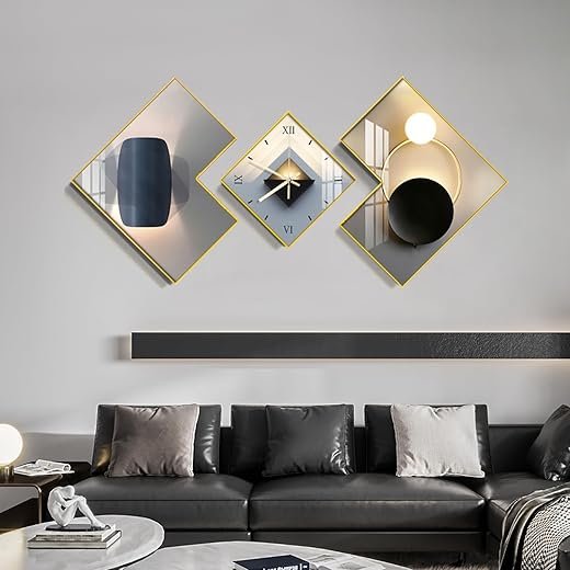 Large 3pcs Geometric Wall Clock with Silent Movement, Modern Decorative Clocks Set with Canvas Painting, Creative Wall Decor for Living Room Home Office (Black)