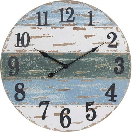 Large Beach Coastal Nautical Wall Clock, Wooden Wall Clocks Battery Operated,Vintage Farmhouse Decorative for Living Room, Kitchen, Home, Bedroom, Laundry Room, Blue (18 Inch)