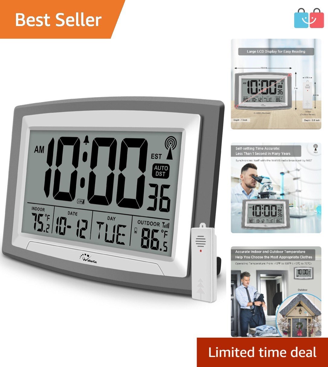 Large Digital Atomic Wall Clock w/ Indoor Outdoor Temp 12.5” Battery Operated