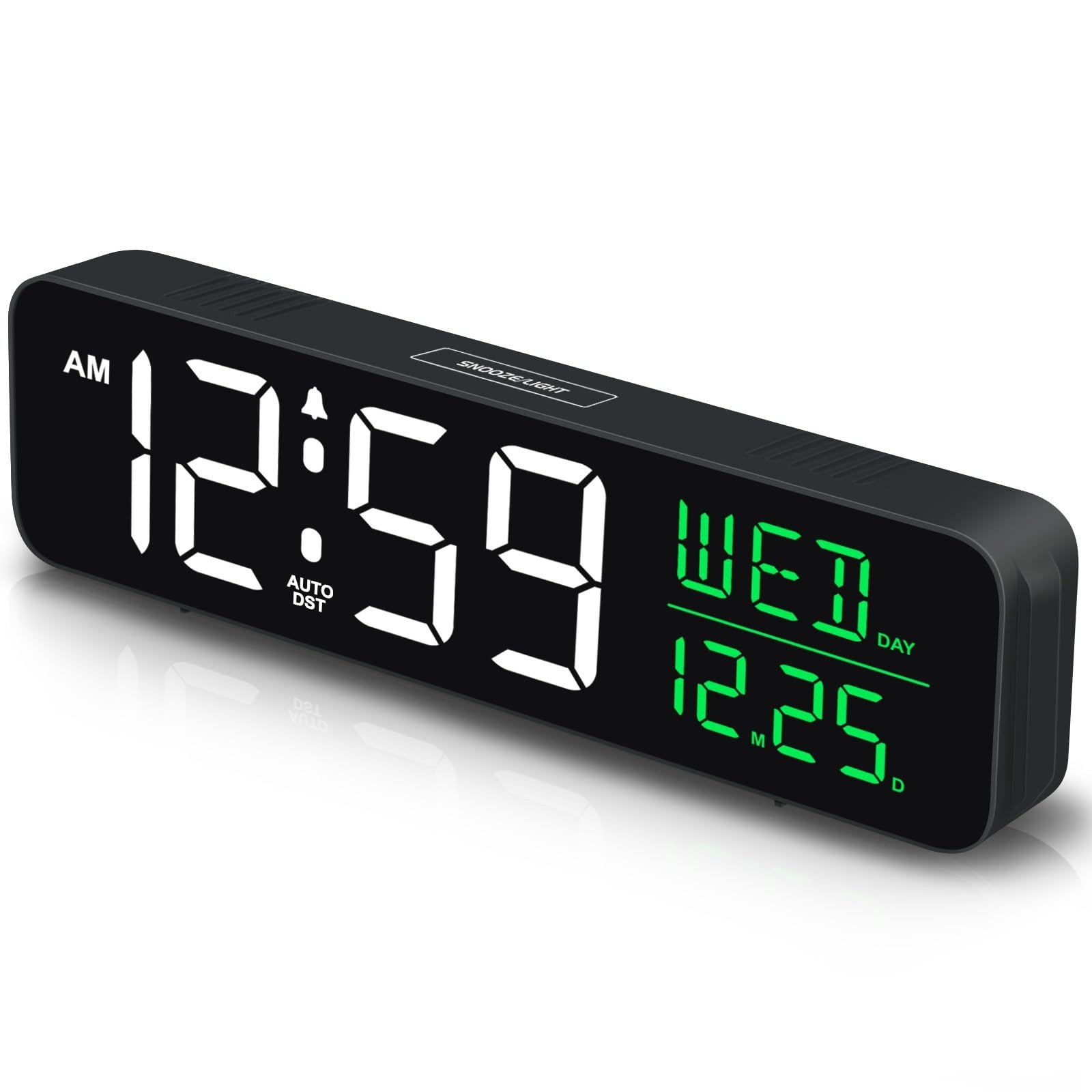 Large Display Digital Alarm Clock, Dimmable, Plug-In, Date/Day/Temp Display.