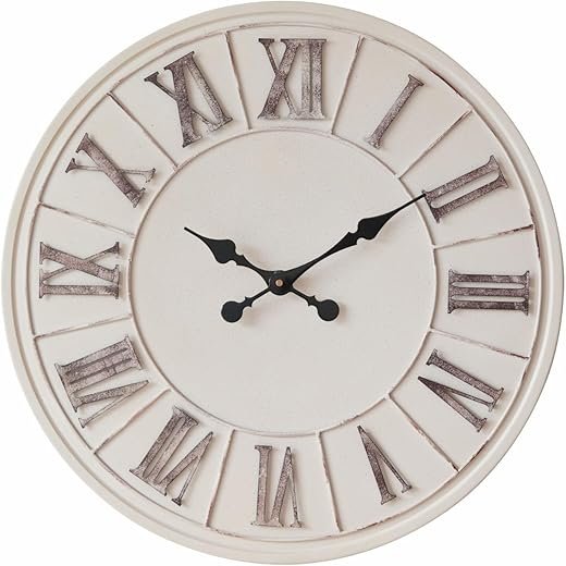 Large Farmhouse Wall Clock - 24 inch, Rustic Roman Numeral Big Wall Clock for Living Room Decor | Ivory White | Metal Face | Battery Operated