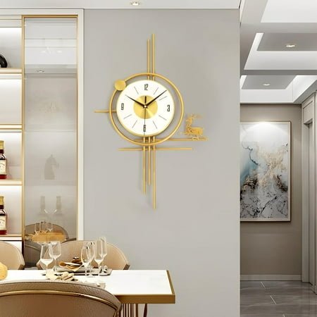Large Gold Wall Clock Metal, Elegant Decorative Metal Wall Clocks with Elk, Accurate & Silent, Geometric Round Deer Wall Clock for Living Room, Bedroom, Dining Room (Elegant Style)