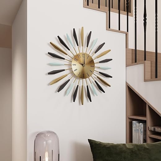 Large Mid-Century Wall Clock, 22 Inch Metal Wall Clock for Living Room Decor, Colorful Sunburst Starburst Decorative Clocks Silent Battery Operated for Kitchen Bedroom Office