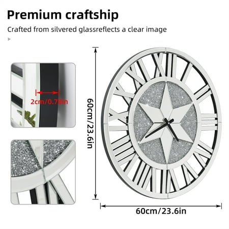 Large Mirrored Wall Clock 60CM Round Stunning Beveled Roman Numeral Skeleton Clock Family Living Room Fireplace Decor