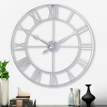 Large Modern 30 Inch Wall Clock Silver, Oversized Big Roman Numeral Metal Wall Clocks for Living Room Decor, Home Office