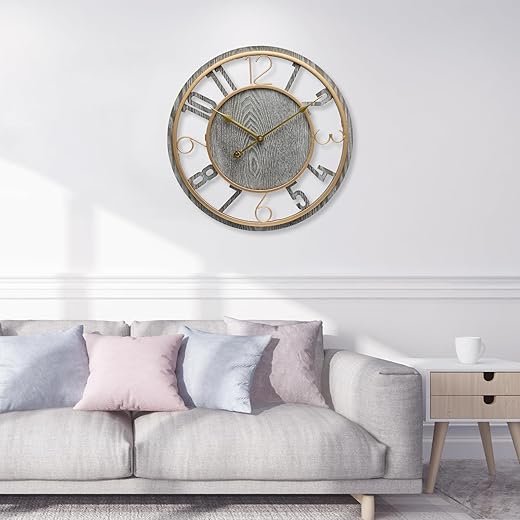 Large Wall Clock 16 Inch Grey Arabic Numerals Wooden Clock Battery Operated Silent Non-Ticking Decor Clock Modern Round Oversize Wall Clocks for Home, Hotel, Office, Bedroom (Grey, 16inch)