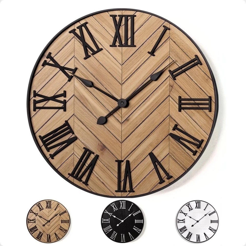 Large Wall Clock 24" Round - Silent Metal & Wood Large Clock - Farmhouse Wall...
