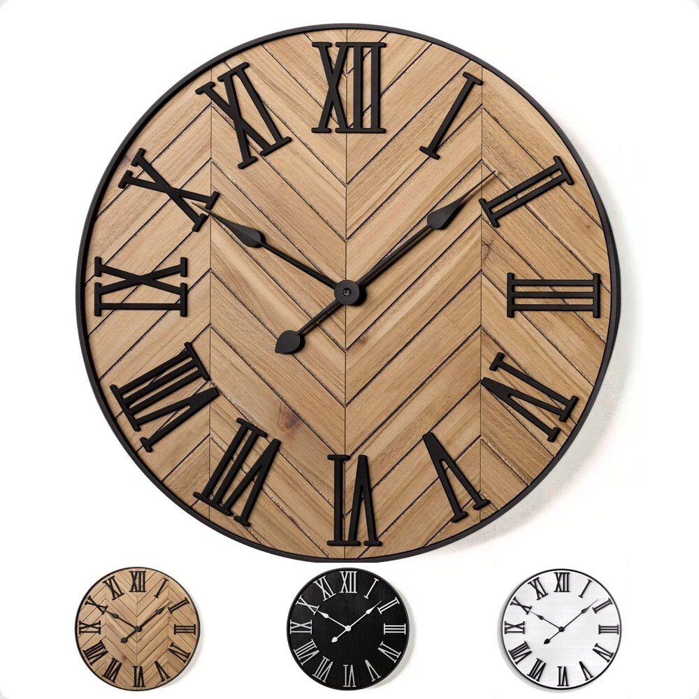 Large Wall Clock 24" Round - Silent Metal & Wood Large Clock - Farmhouse Wall...