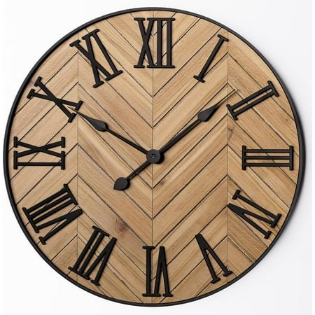 Large Wall Clock 24 Round - Silent Metal & Wood Large Clock - Farmhouse Wall Clock Large - 24 Inch Wall Clock For Living Room Decor - Big Wall Clock Roman Numerals - Wall Clocks For Living Room Decor