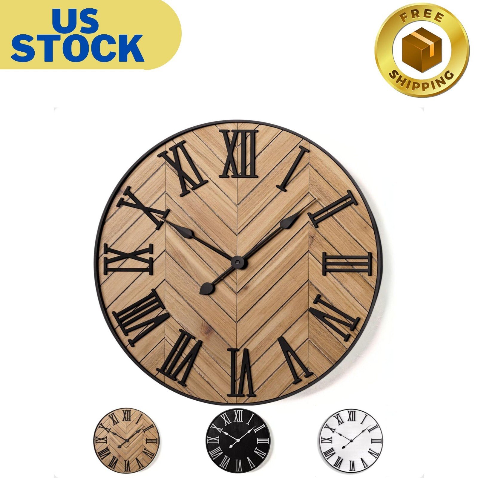 Large Wall Clock 24" Round - Silent Metal & Wood Large Farmhouse