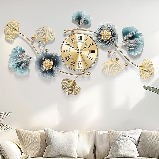 Large Wall Clock,3D Creative Metal Ginkgo Leaf Decoration Clock, with Silent Movement Decorative Wall Clock,Large Wall Decor, for Living Room Bedroom Kitchen Office（32''x18'' ）