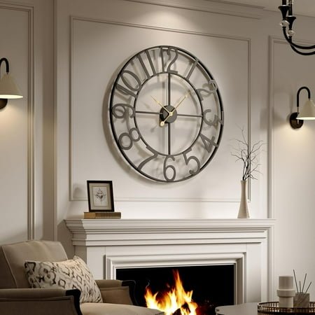 Large Wall Clock for Living Room Kitchen Mantel Decor, 30 Inch Decorative Wall Clock Silent Non Ticking Battery-Operated Metal Round Modern Black Wall Clocks Arabic Numerals