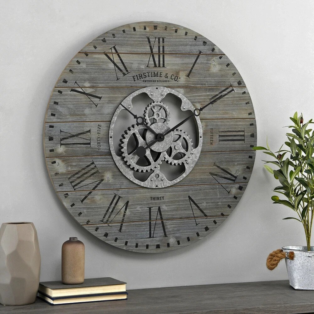 Large Wall Clock Oversized Gray Steampunk Gear Industrial Farmhouse Country 27"